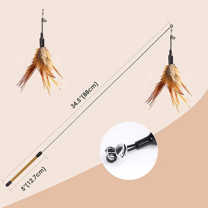 FeatherFly Interactive Cat Toy - 34.5" Wand with Bell & Brown Feather Teaser for Fun Playtime