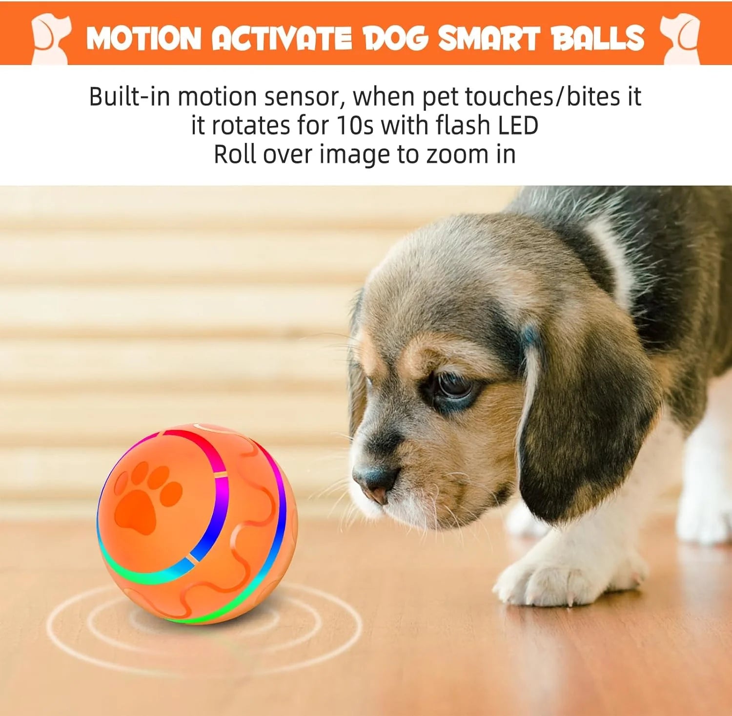 Peppy Interactive Dog Ball – LED Flashing Rolling Toy for Small & Medium Dogs, USB Rechargeable & Motion Activated