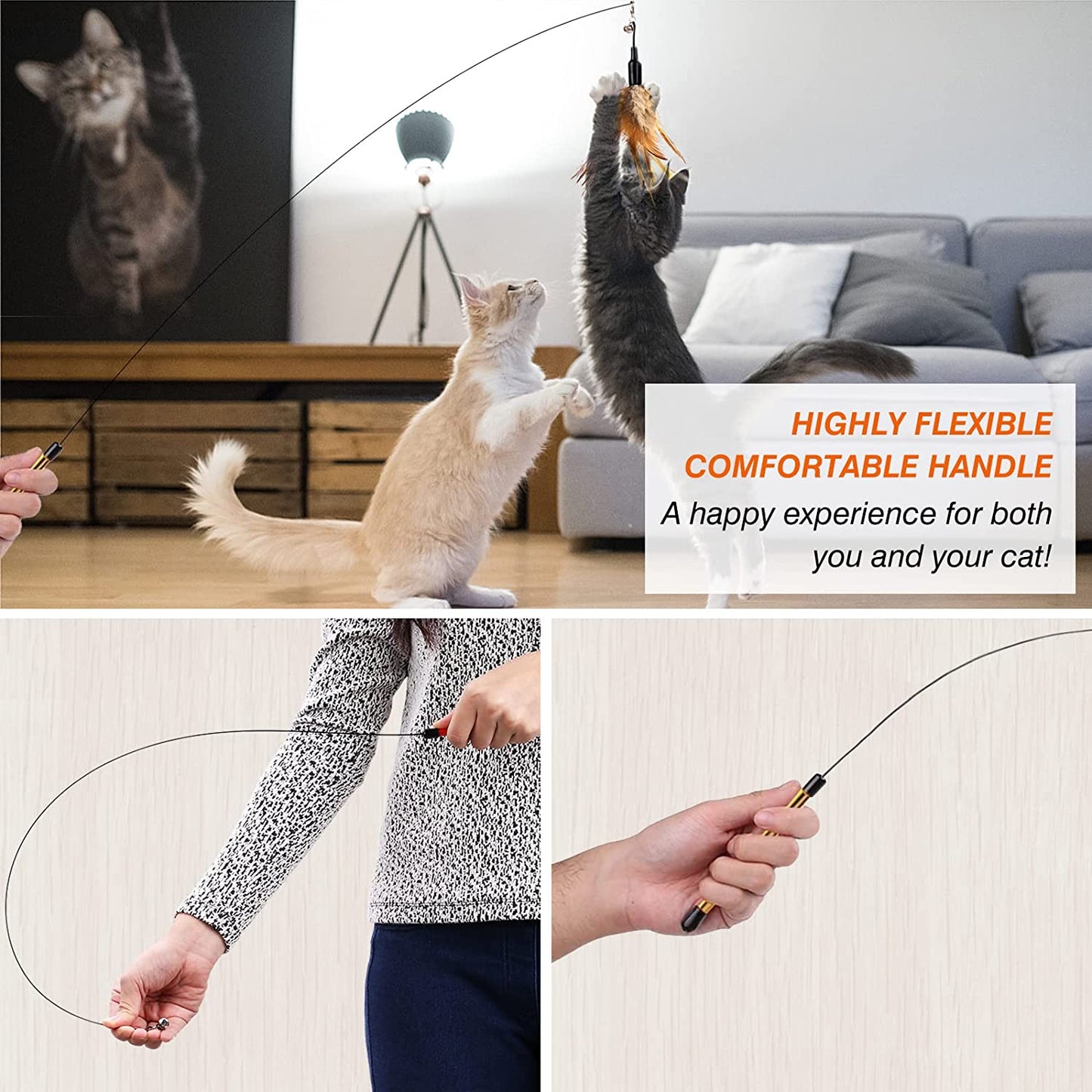 FeatherFly Interactive Cat Toy - 34.5" Wand with Bell & Brown Feather Teaser for Fun Playtime