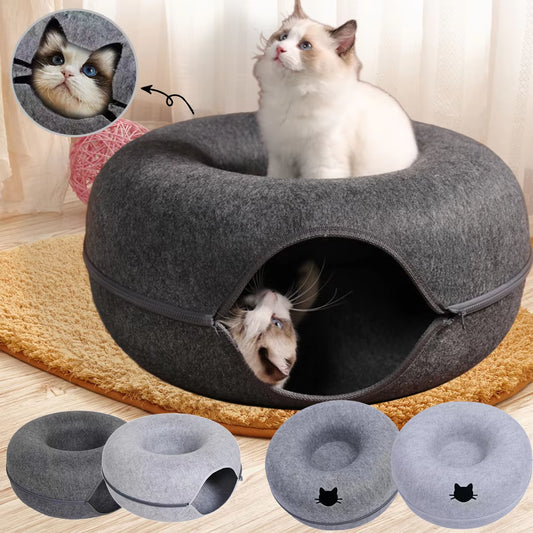 2-in-1 Felt Donut Cat Bed & Interactive Tunnel – Cozy Hideaway with Breather Hole for Cats and Small Dogs