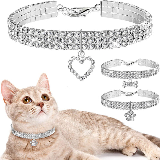 3-Piece Bling Rhinestone Pet Collars with Crystal Pendant - Adjustable Elastic Necklace for Small Cats, Dogs, and Puppies 