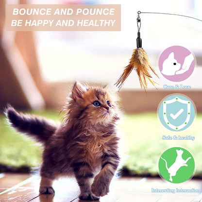 FeatherFly Interactive Cat Toy - 34.5" Wand with Bell & Brown Feather Teaser for Fun Playtime