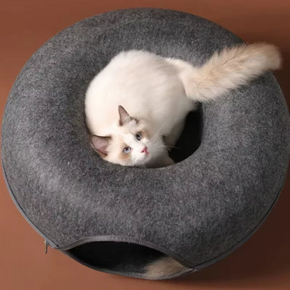 2-in-1 Felt Donut Cat Bed & Interactive Tunnel – Cozy Hideaway with Breather Hole for Cats and Small Dogs